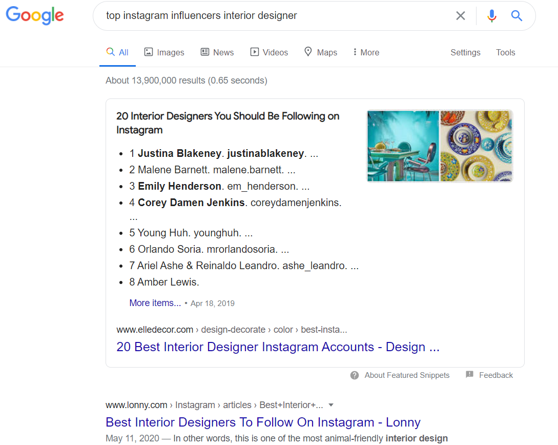 Google search for Instagram influencers