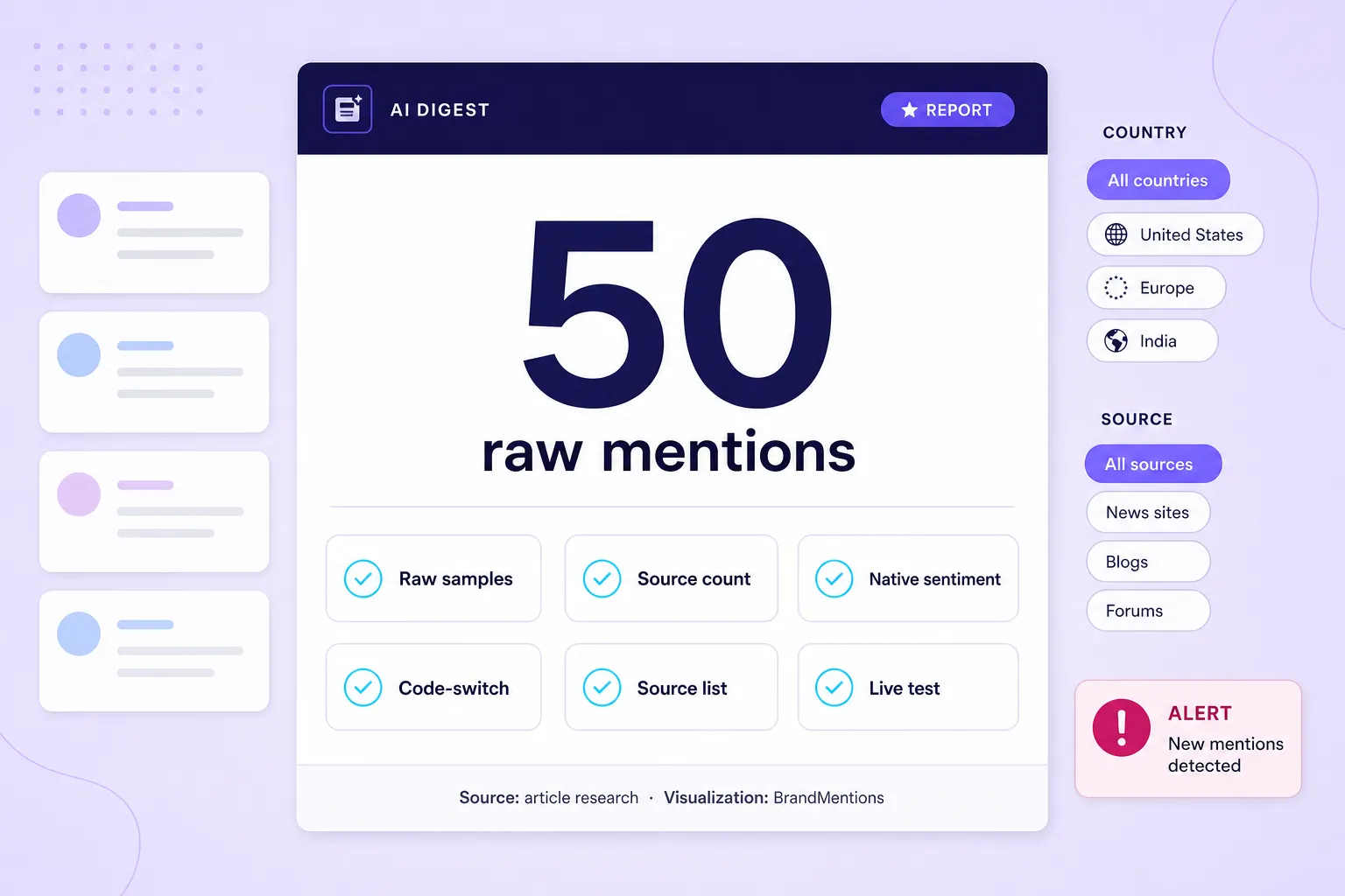 Demo audit card asking for 50 raw mentions before choosing a multilingual tool