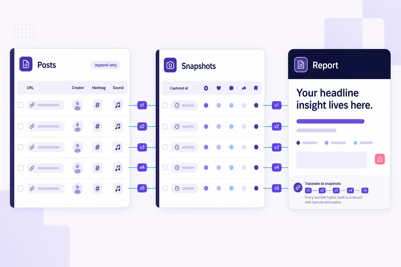 TikTok hashtag campaign evidence ledger linking posts, snapshots and report numbers.