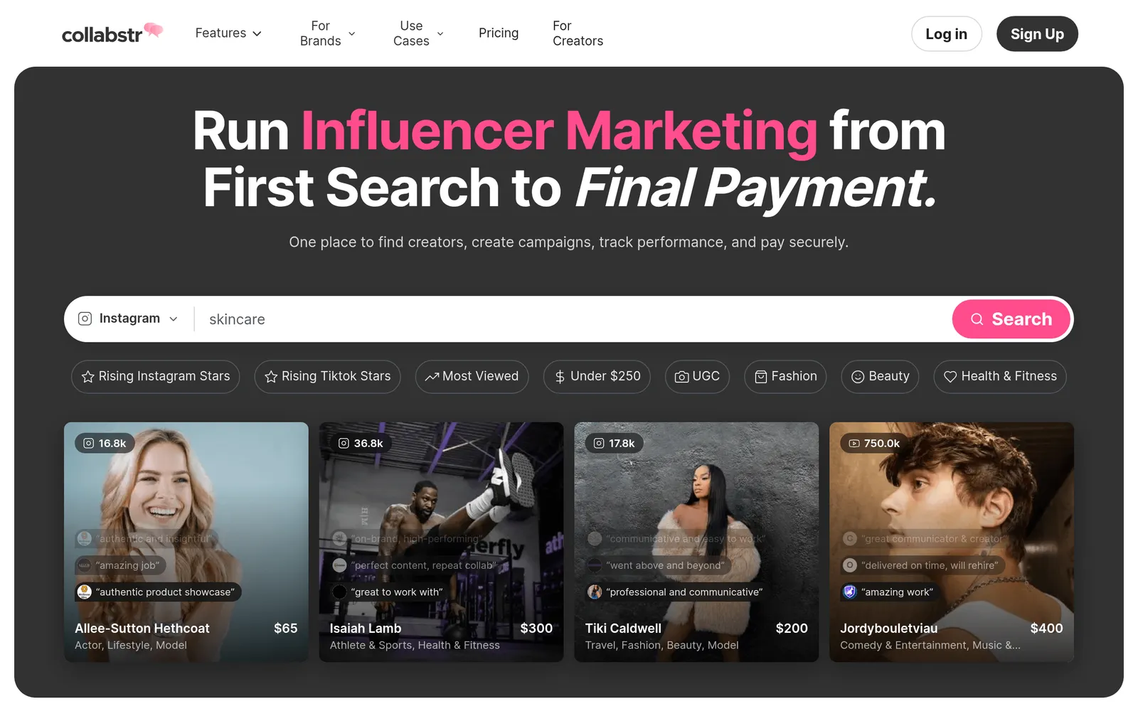Screenshot of the Collabstr (67/100) website homepage