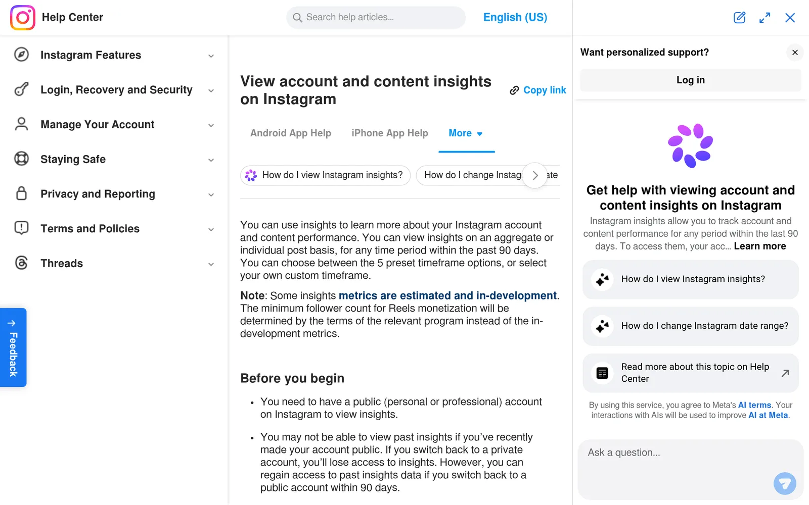 Screenshot of the Instagram Insights website homepage