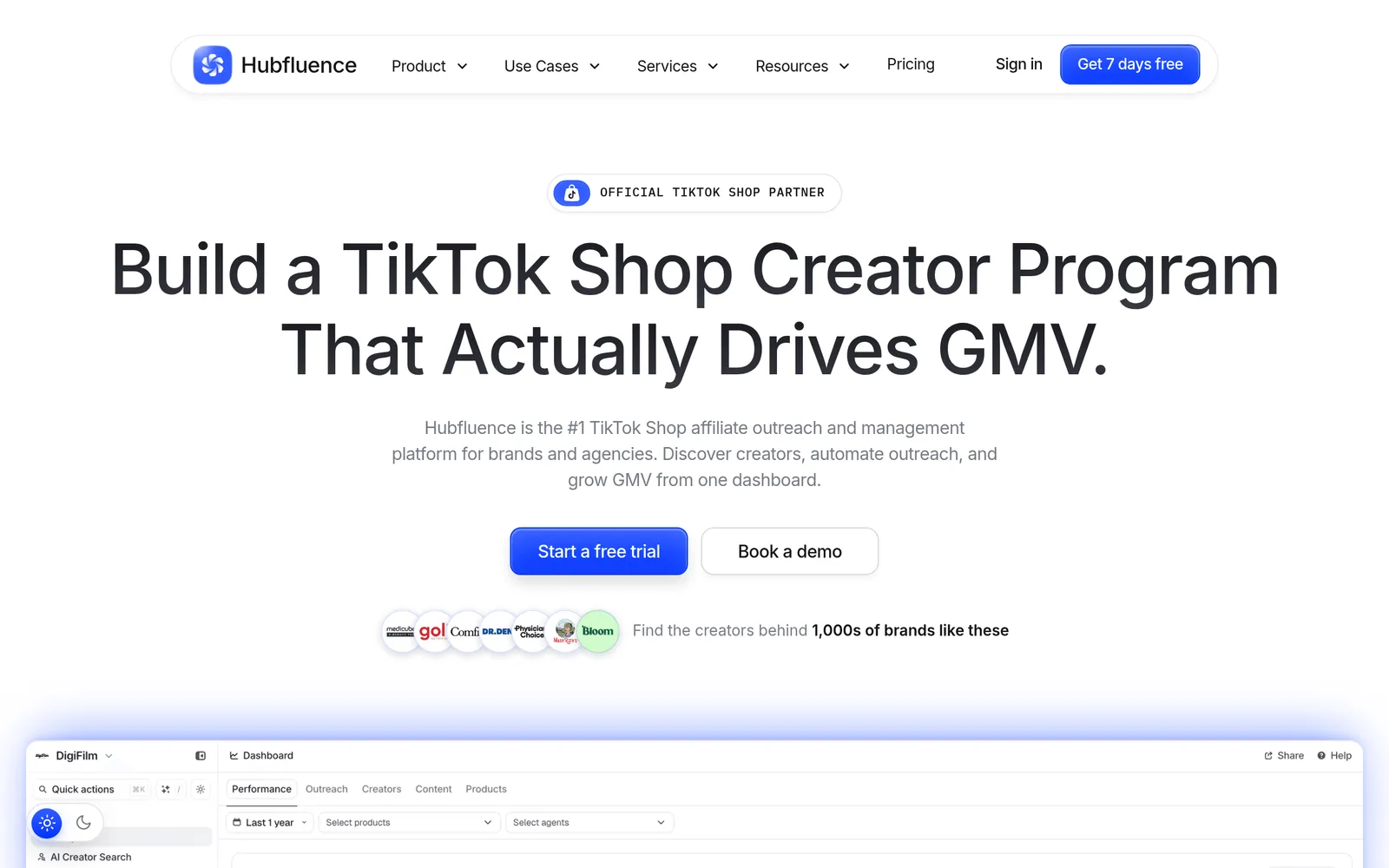 Screenshot of the Hubfluence (62/100) website homepage