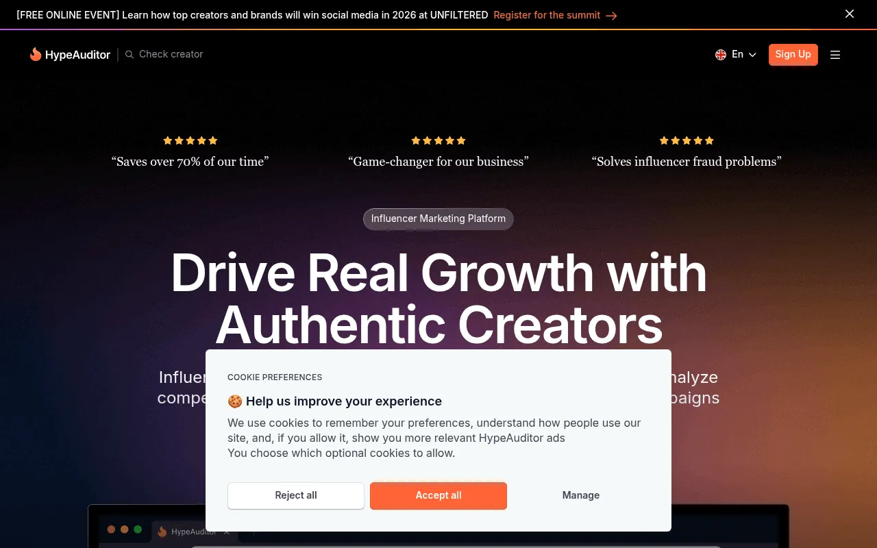 Screenshot of the HypeAuditor (85/100) website homepage
