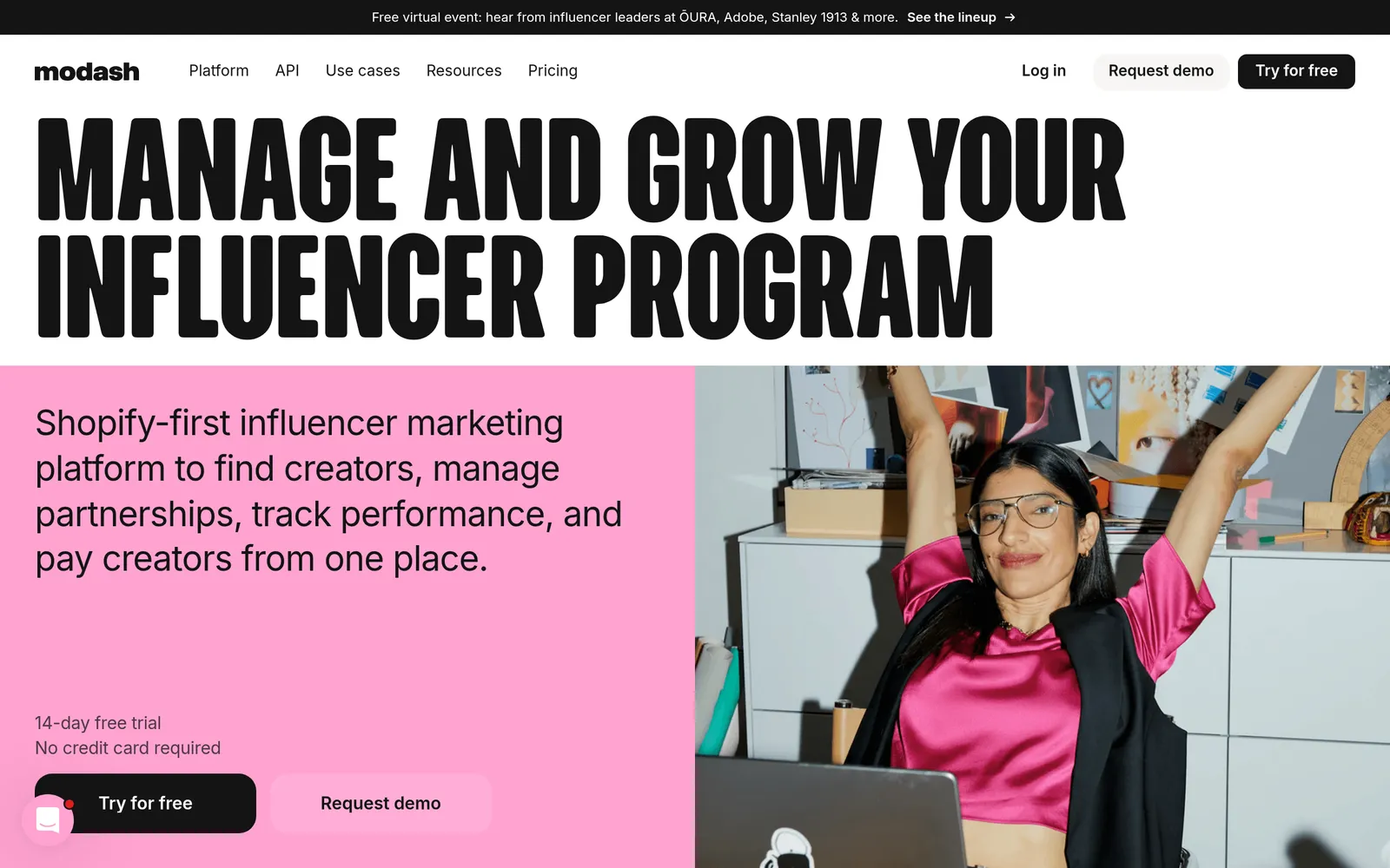 Screenshot of the Modash (87/100) website homepage