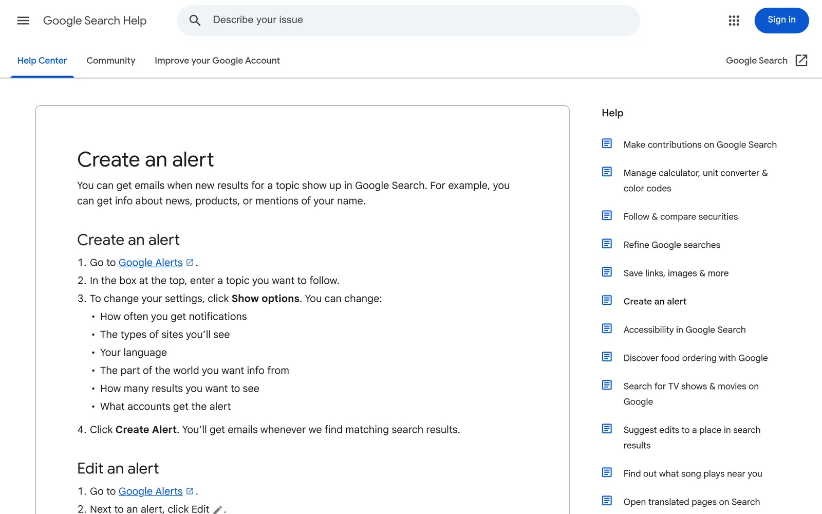 Screenshot of the Google Alerts website homepage