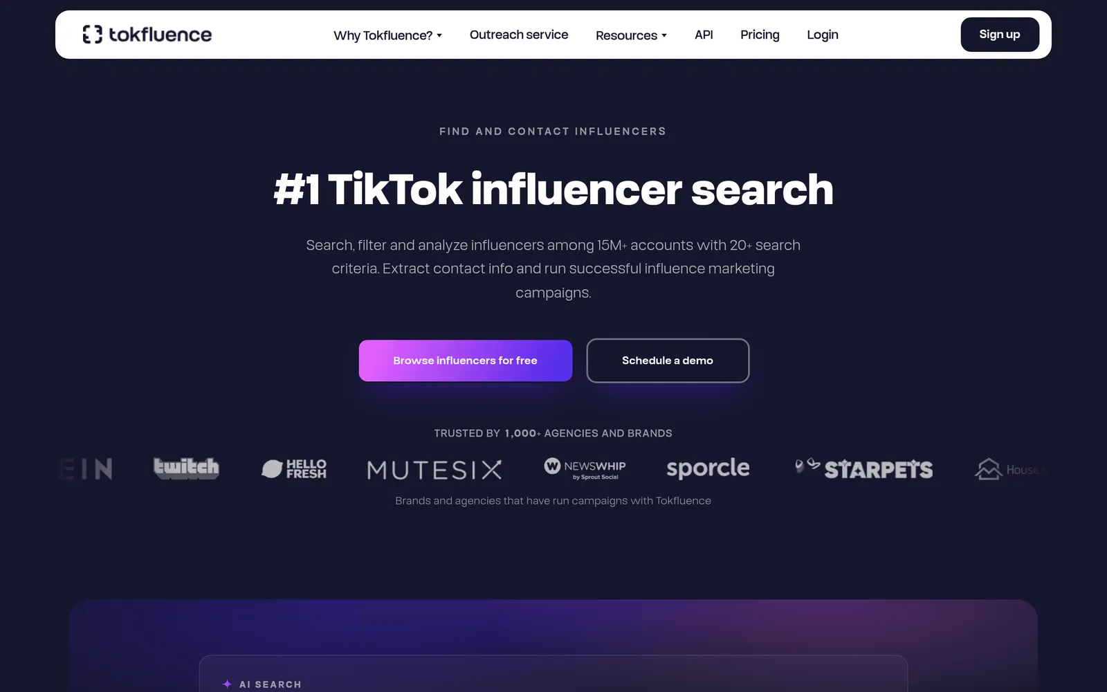 Screenshot of the Tokfluence (71/100) website homepage