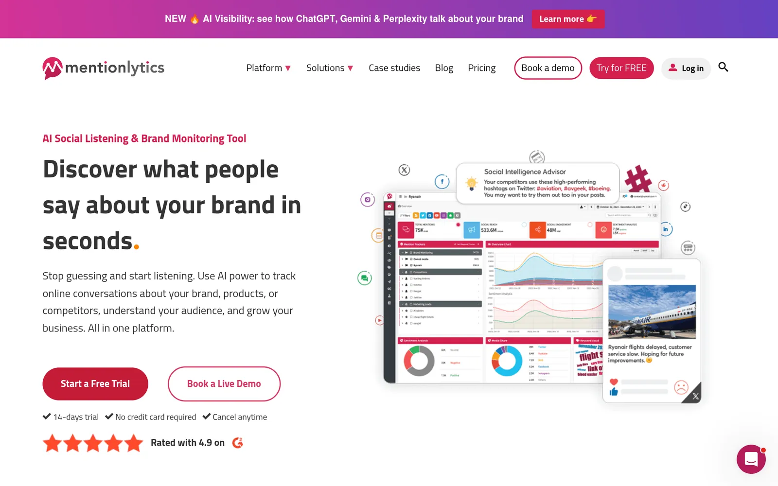 Screenshot of the Mentionlytics website page