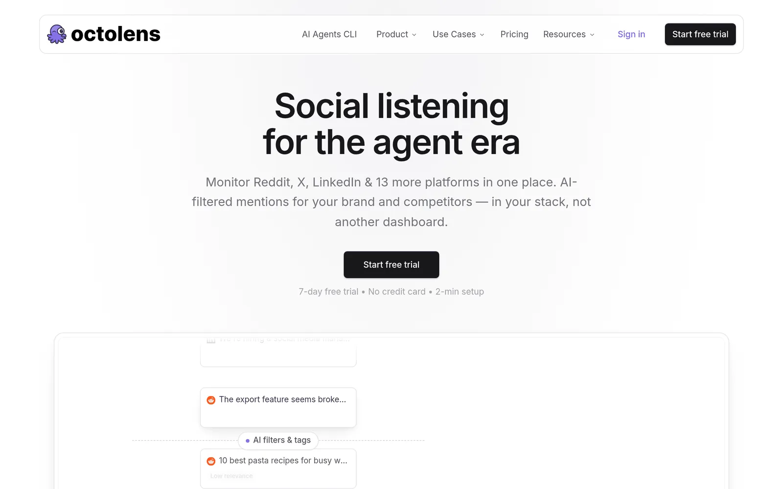 Screenshot of the Octolens Reddit Monitoring website homepage